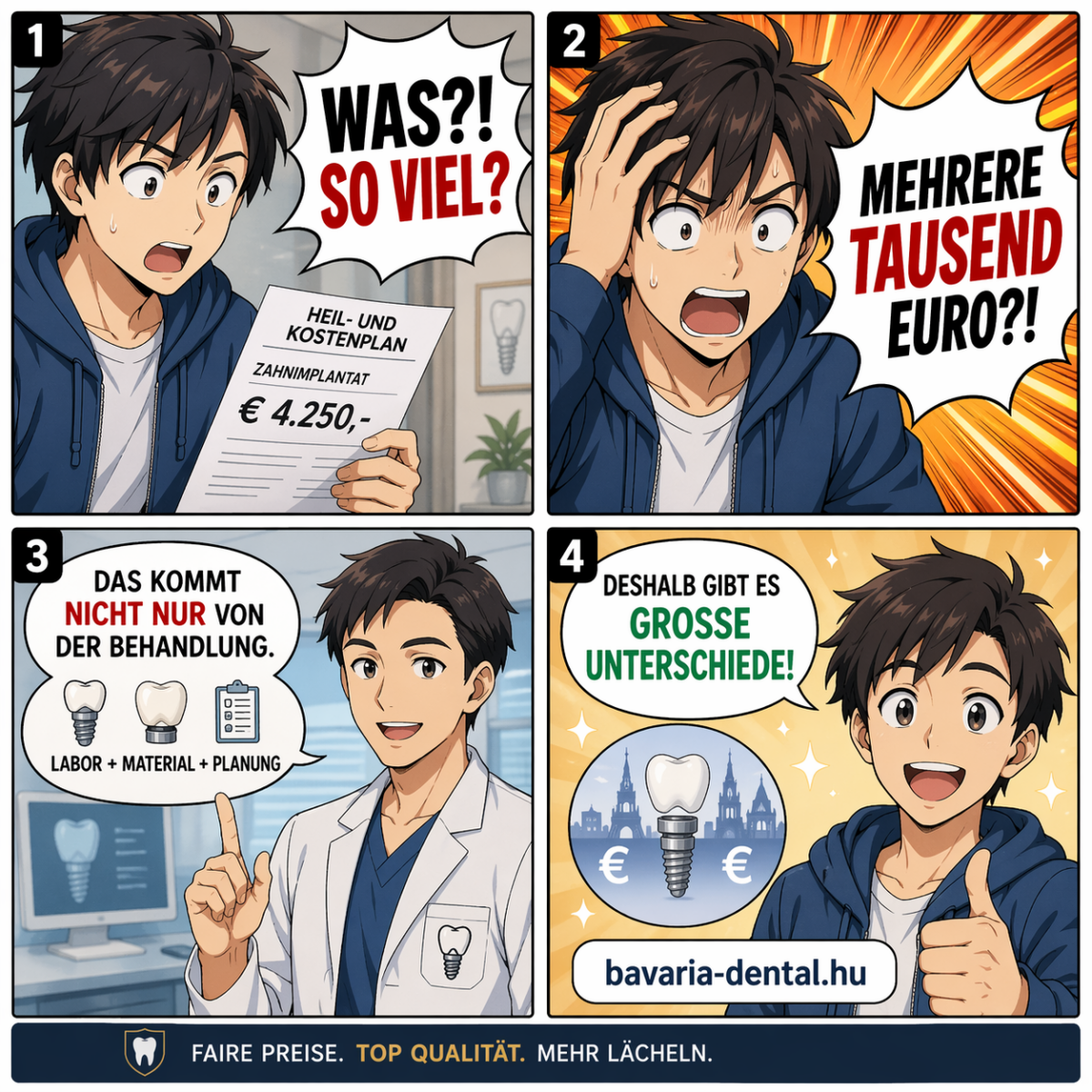 Zahnimplantat Kosten erklärt im Comic Stil – warum Implantate mehrere tausend Euro kosten können