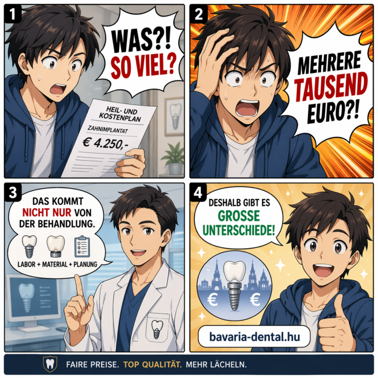 Zahnimplantat Kosten erklärt im Comic Stil – warum Implantate mehrere tausend Euro kosten können