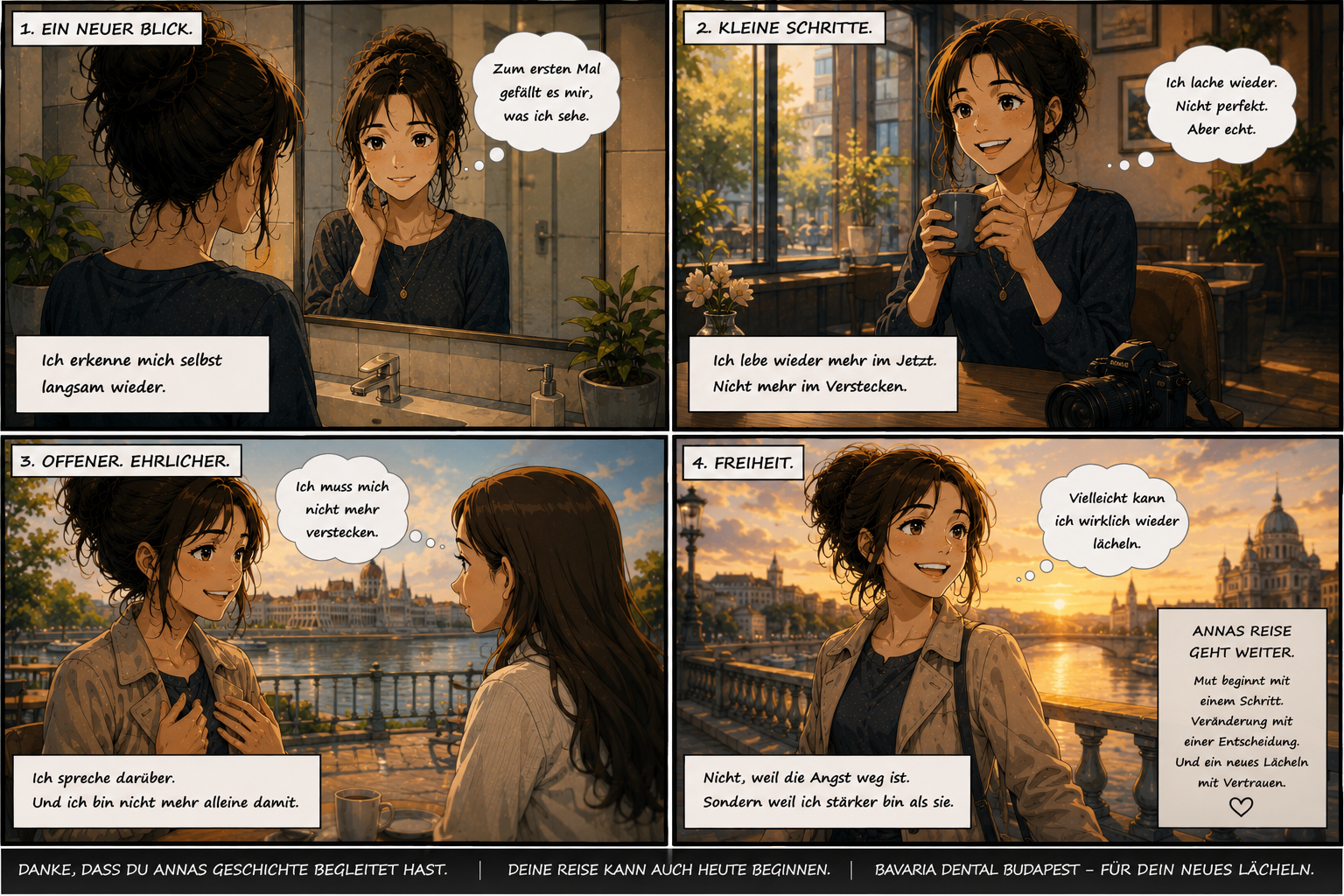 Anime Comic über neues Selbstvertrauen und Freiheit nach Zahnarztangst bei Bavaria Dental Budapest