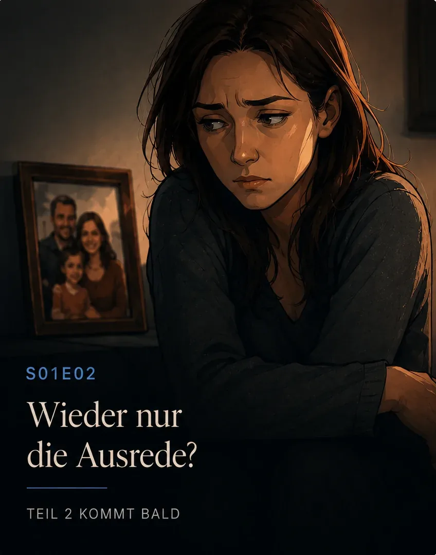 Anna sitzt nachdenklich neben einem Familienfoto – Bavaria Dental Patient Story über Unsicherheit und Zahnarztangst