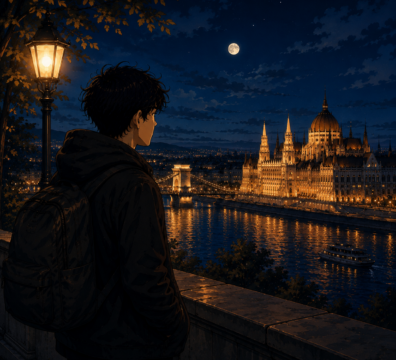 Cinematic Anime Szene eines Reisenden mit Blick über das nächtliche Budapest und die Donau