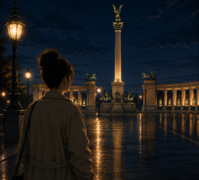 Cinematic Nachtstimmung am Hősök tere in Budapest mit emotionaler Reflexion und ruhiger Atmosphäre