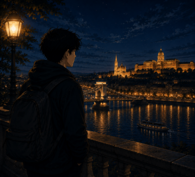 Cinematic Anime Szene mit Blick auf die Budaer Burg und die nächtliche Donau in Budapest