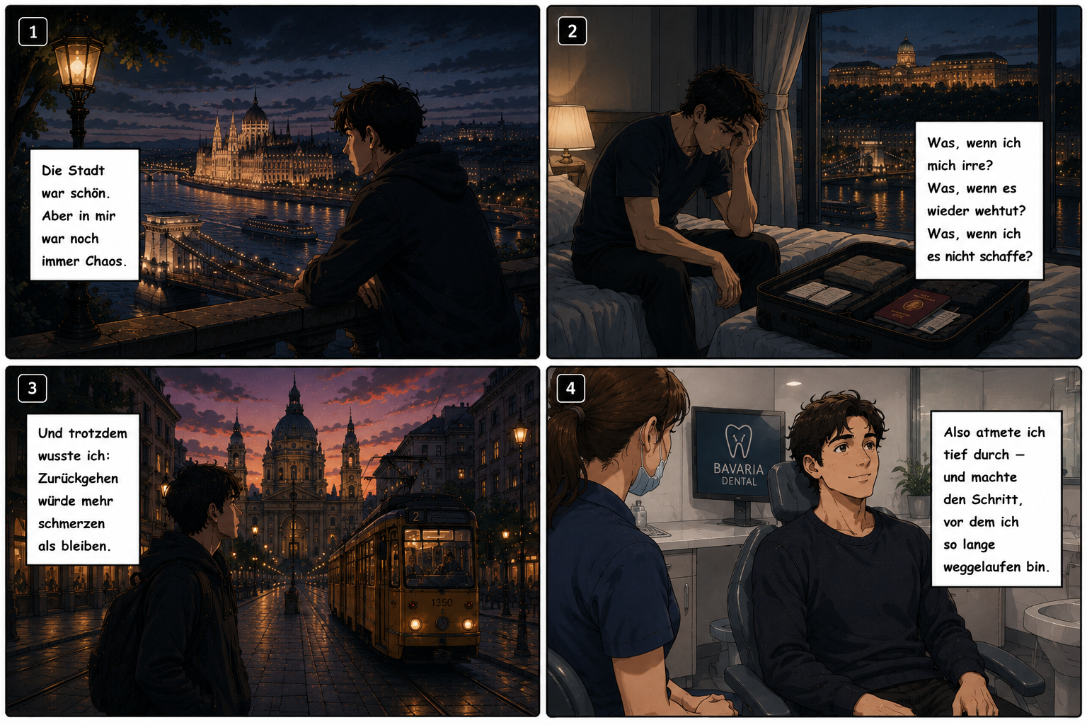 Cinematic Anime Comic über Zweifel, Zahnarztangst und den emotionalen Wendepunkt vor einer Zahnbehandlung in Budapest