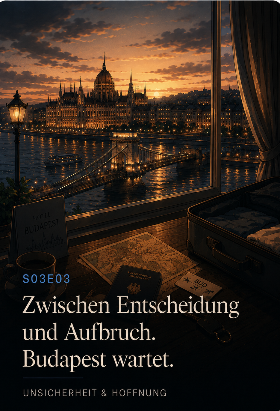 Cinematic Anime Hotelzimmer mit Budapest Blick, Reisepass und Abendstimmung für Bavaria Dental Budapest Stories