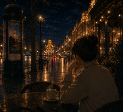 Cinematic Anime Szene auf der Andrássy út in Budapest mit nächtlicher Café-Atmosphäre und emotionaler Stimmung