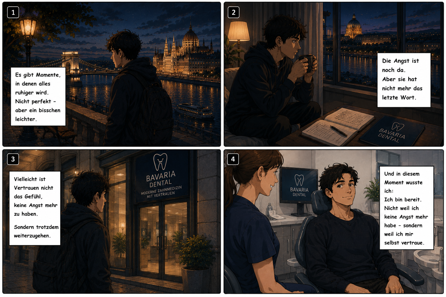 Cinematic Anime Comic über Vertrauen, Zahnarztangst und emotionale Ruhe vor einer Zahnbehandlung in Budapest
