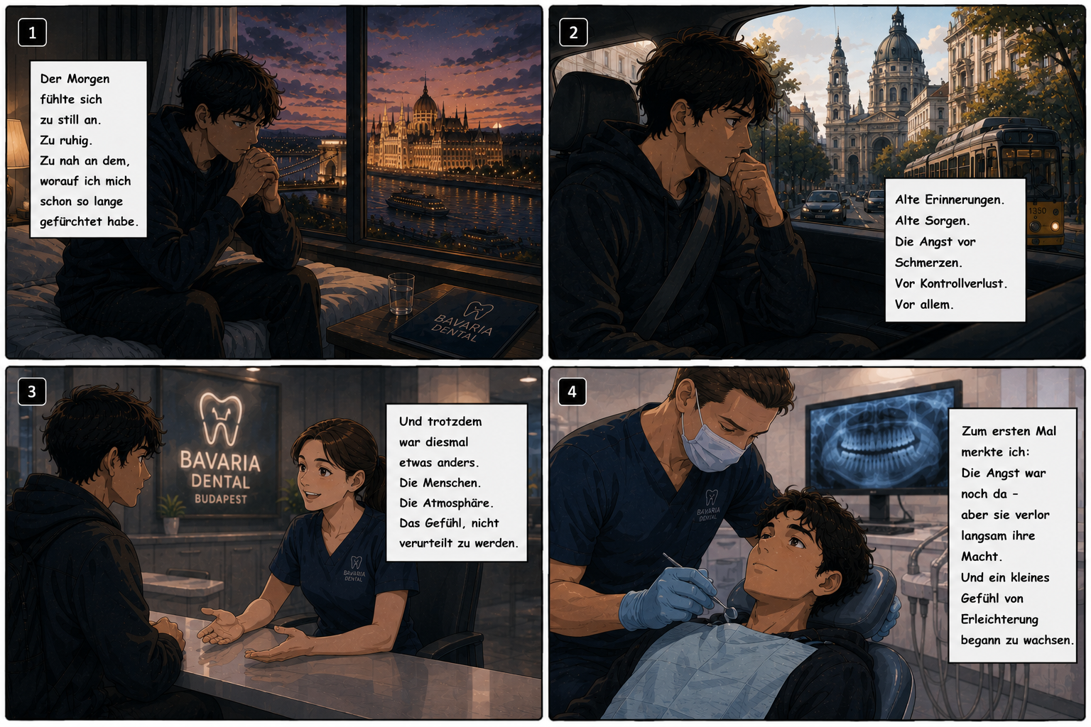 Cinematic Anime Comic über Zahnarztangst, Vertrauen und emotionale Erleichterung bei einer Zahnbehandlung in Budapest