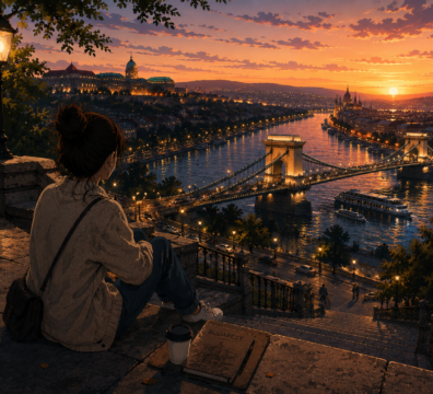Cinematic Anime Szene über Budapest bei Sonnenuntergang mit emotionaler Ruhe und Blick auf die Donau