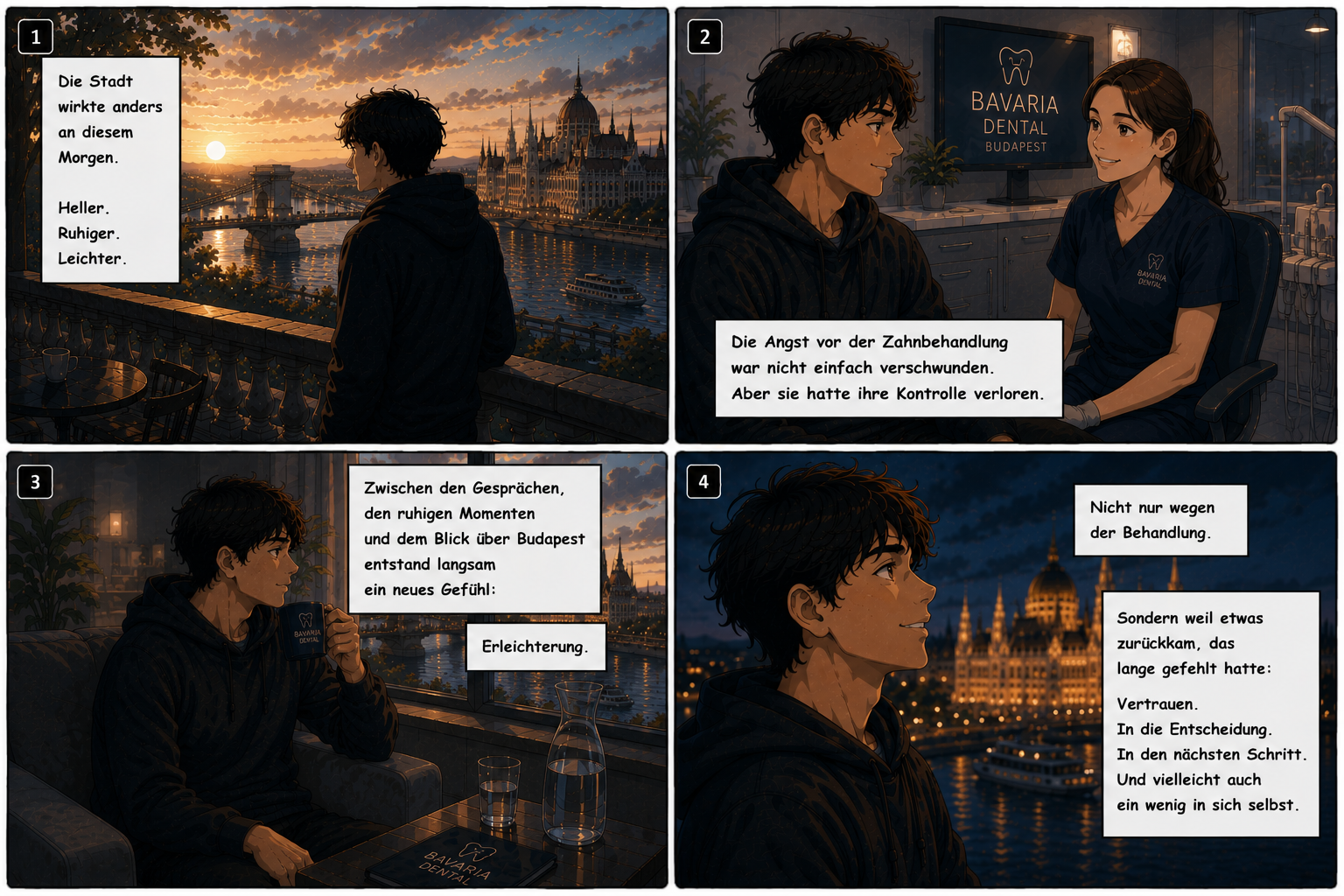Cinematic Anime Comic über Vertrauen, emotionale Erleichterung und einen neuen Anfang nach einer Zahnbehandlung in Budapest
