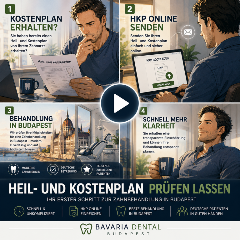 Cinematic anime comic cover about Heil und Kostenplan and Zahnbehandlung in Budapest for German patients