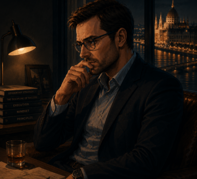 Cinematic Anime Szene eines nachdenklichen Mannes unter emotionalem Druck in Budapest bei Nacht