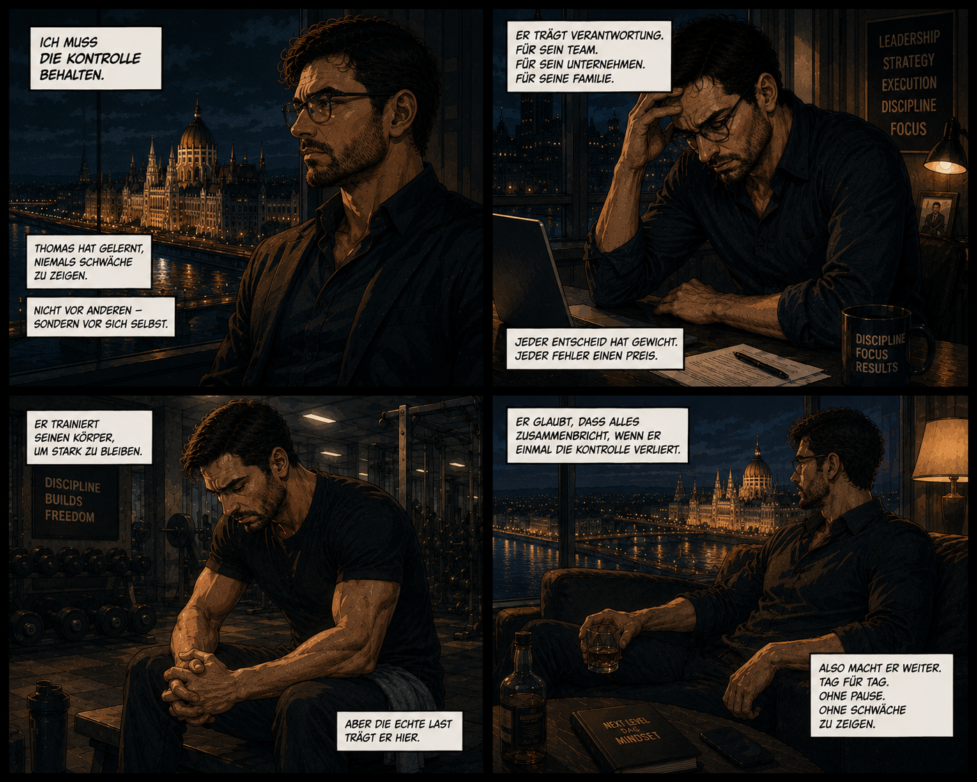 Cinematic Anime Comic über einen Mann unter emotionalem Druck und innerer Kontrolle in Budapest