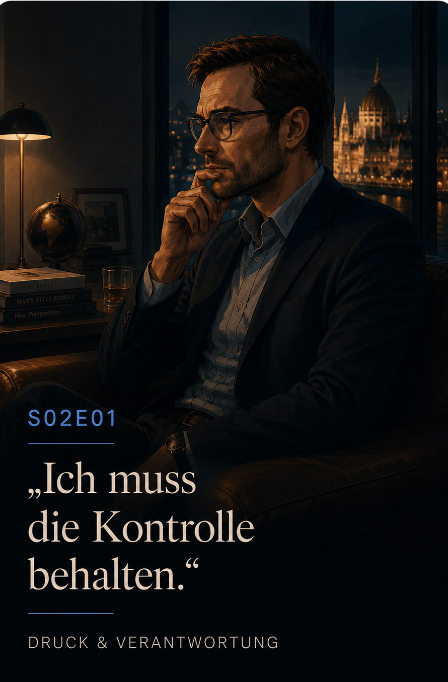 Cinematic Anime Poster eines nachdenklichen Mannes in elegantem Büro bei Nacht in Budapest
