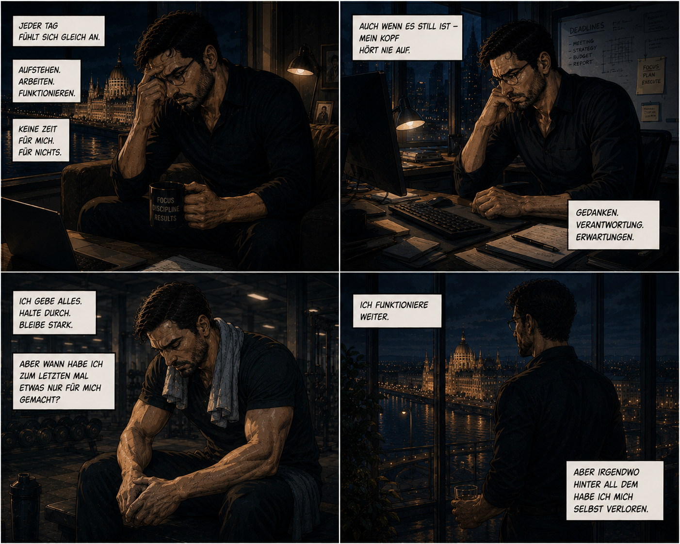 Cinematic Anime Comic über emotionale Erschöpfung und inneren Druck eines Mannes in Budapest