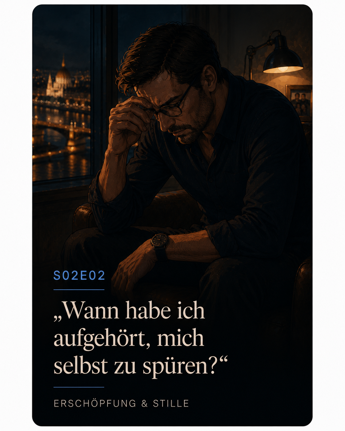 Cinematic Anime Poster eines erschöpften Mannes mit emotionaler Anspannung bei Nacht in Budapest