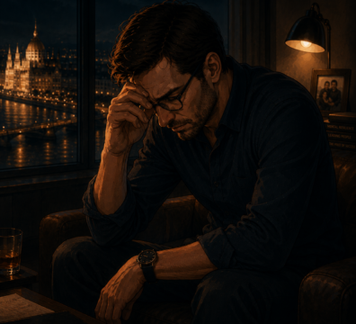 Cinematic Anime Szene eines emotional erschöpften Mannes allein bei Nacht in Budapest