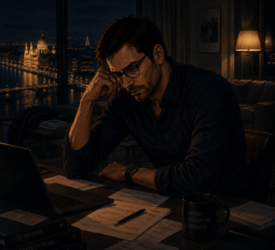 Cinematic Anime Szene eines erschöpften Mannes bei nächtlicher Arbeit in Budapest
