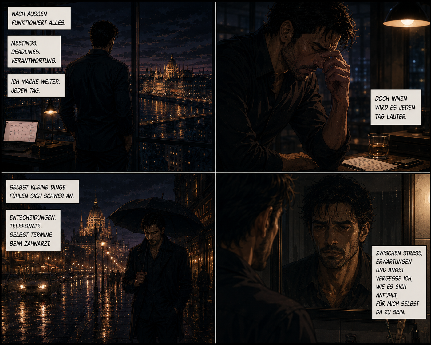 Cinematic Anime Comic über Stress, emotionale Isolation und Zahnarztangst eines Mannes in Budapest