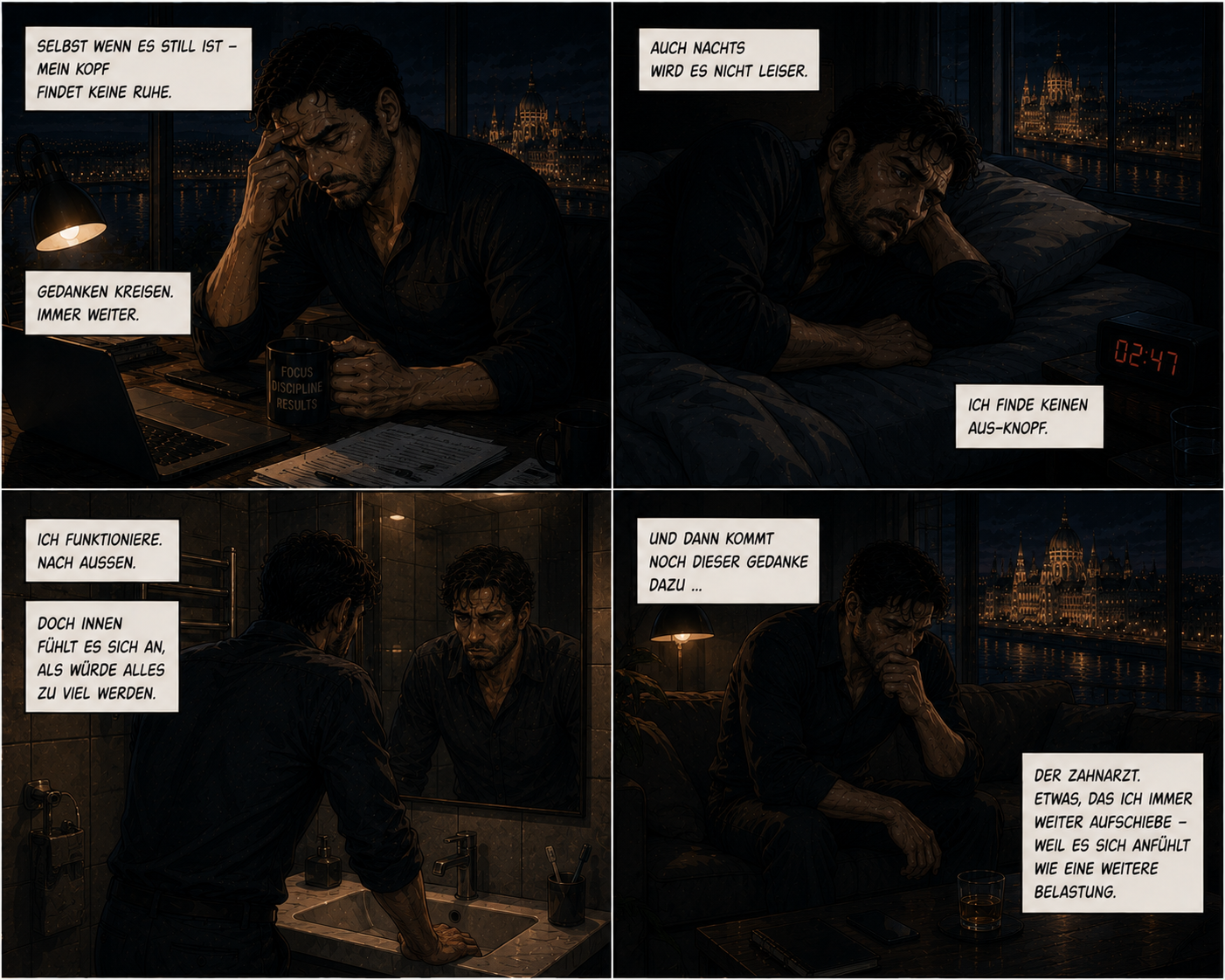 Cinematic Anime Comic über innere Unruhe, Schlaflosigkeit und Zahnarztangst eines Mannes in Budapest
