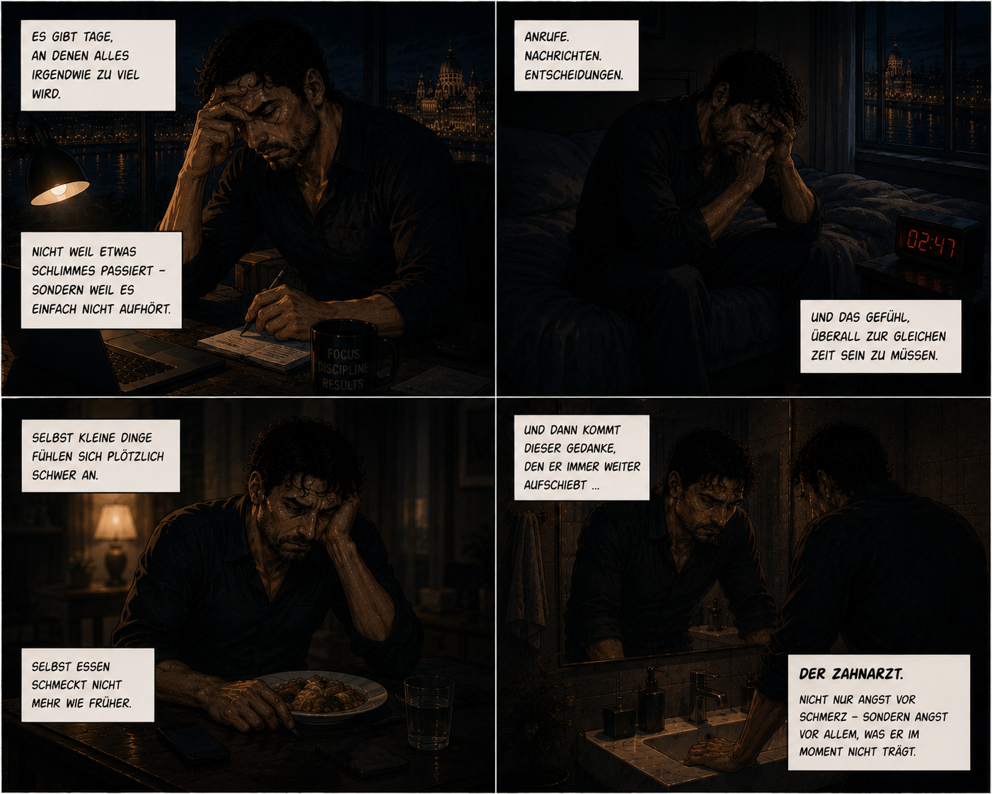 Cinematic Anime Comic über emotionale Erschöpfung, Stress und Zahnarztangst eines Mannes in Budapest