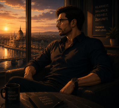 Cinematic Anime Szene eines ruhigen Mannes mit Blick über Budapest bei Sonnenuntergang