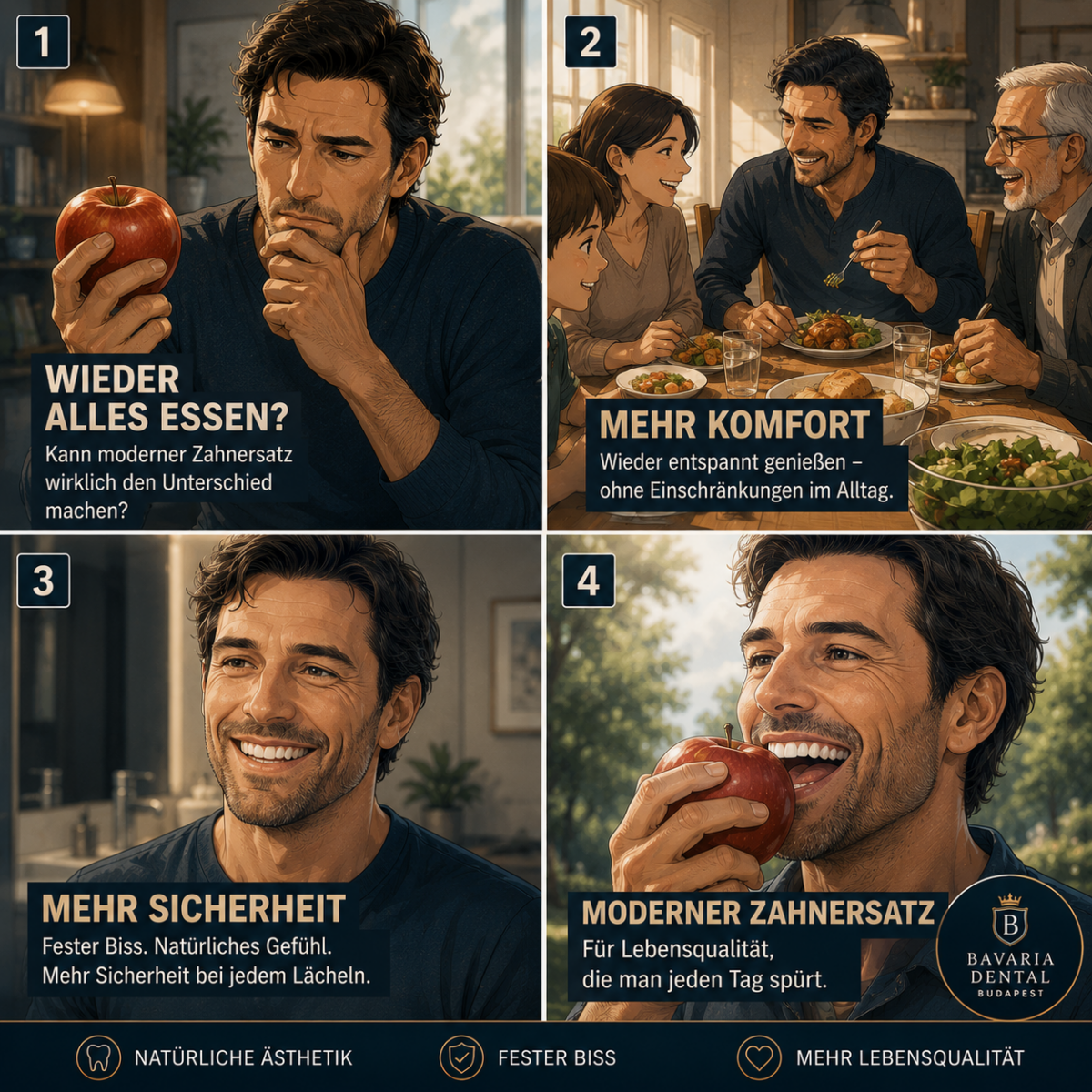 Cinematic comic showing how modern dental restorations can improve comfort, chewing ability and quality of life in everyday situations