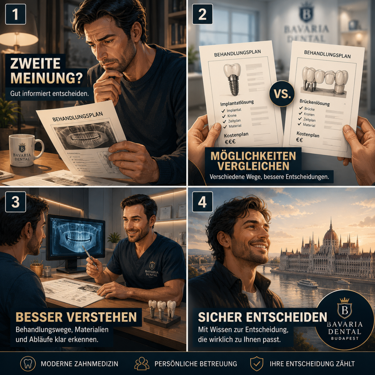 Cinematic comic about obtaining a second opinion before dental treatment, comparing treatment plans and making an informed decision in Budapest