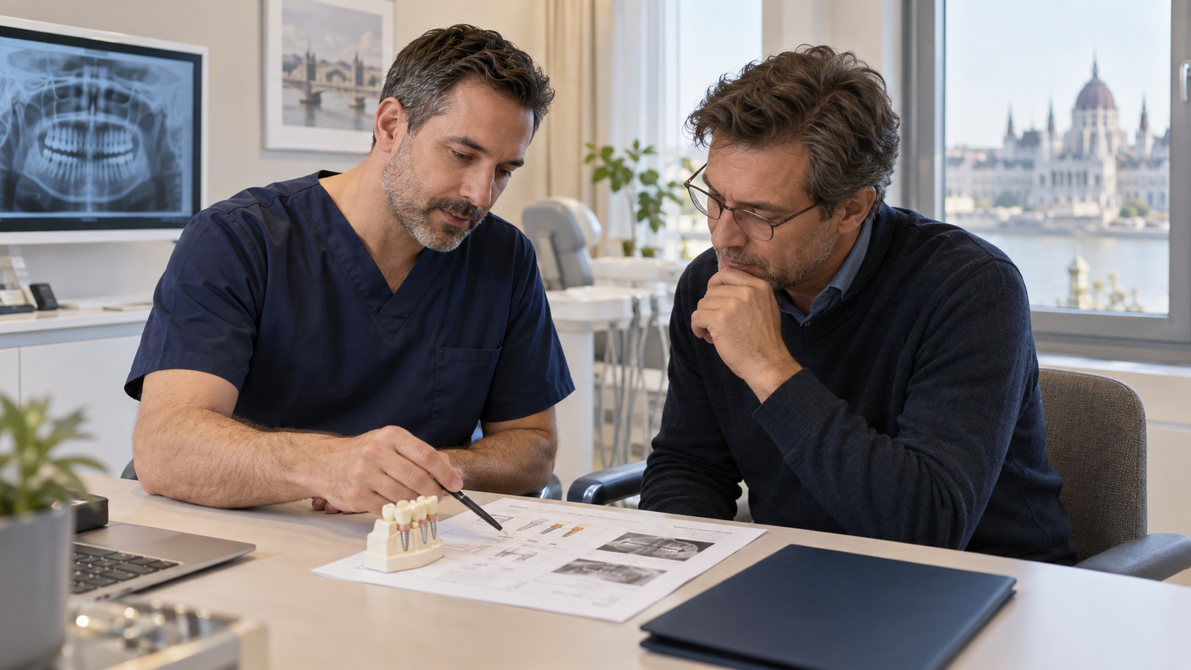 Zahnarzt bespricht mit einem Patienten einen Behandlungsplan (Symbolbild)